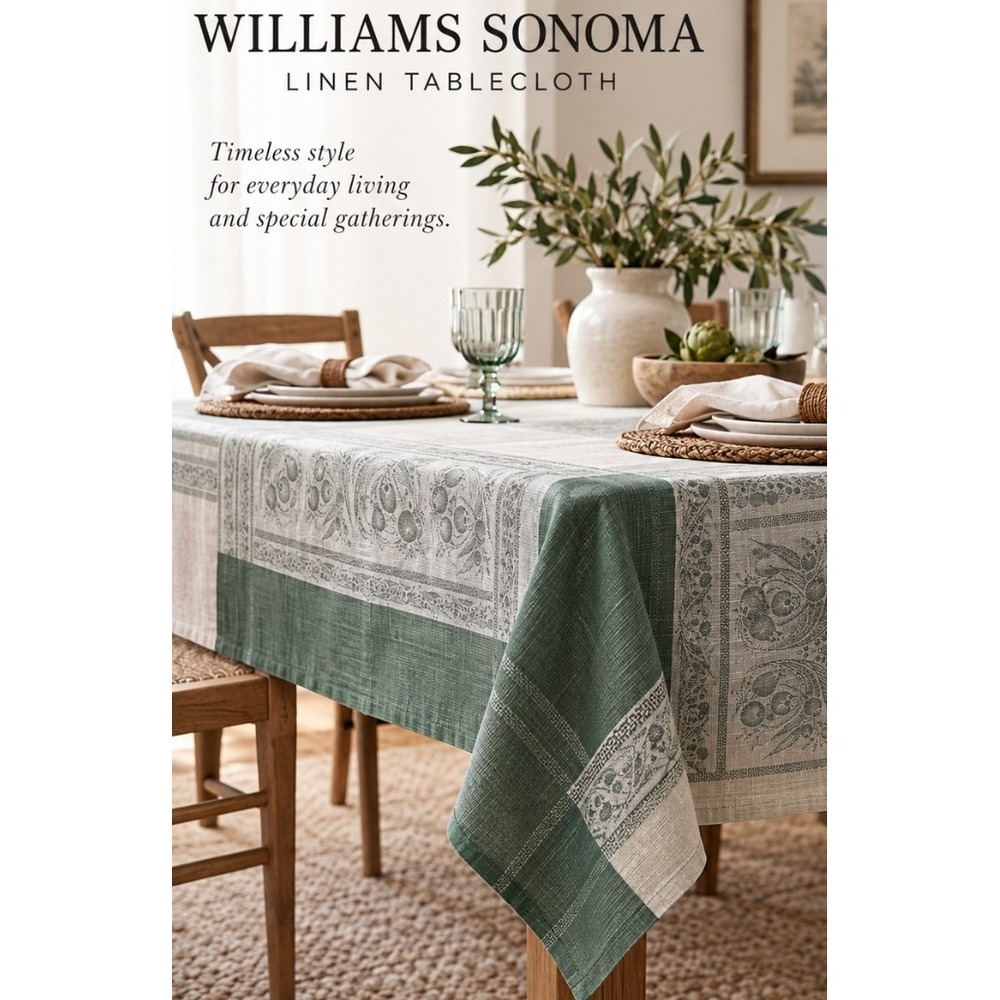 Williams Sonoma Green Linen Tablecloth 70x108 Pomegranate Floral Jacquard Fall